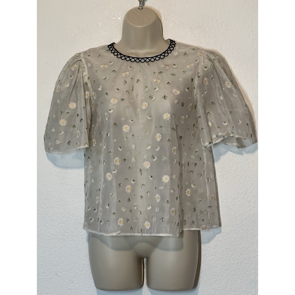 Sz S Sheer White Floral Embroidered Top Blouse Puff Sleeve Coquette Cottagecore